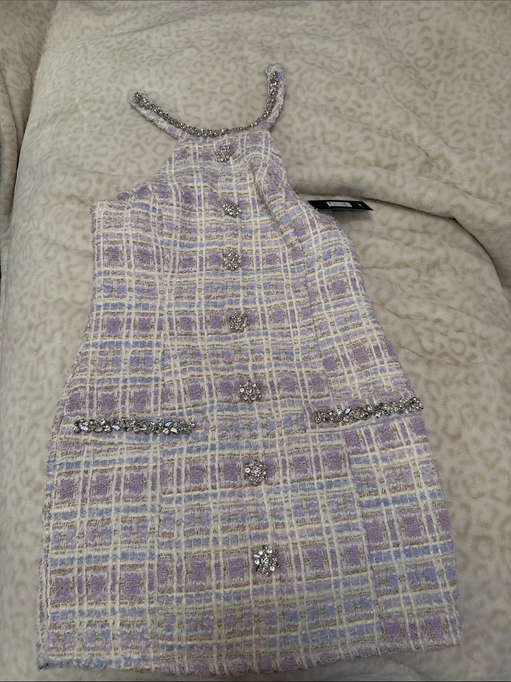Fashion Nova Lavender Plaid Embellished Tweed Dress